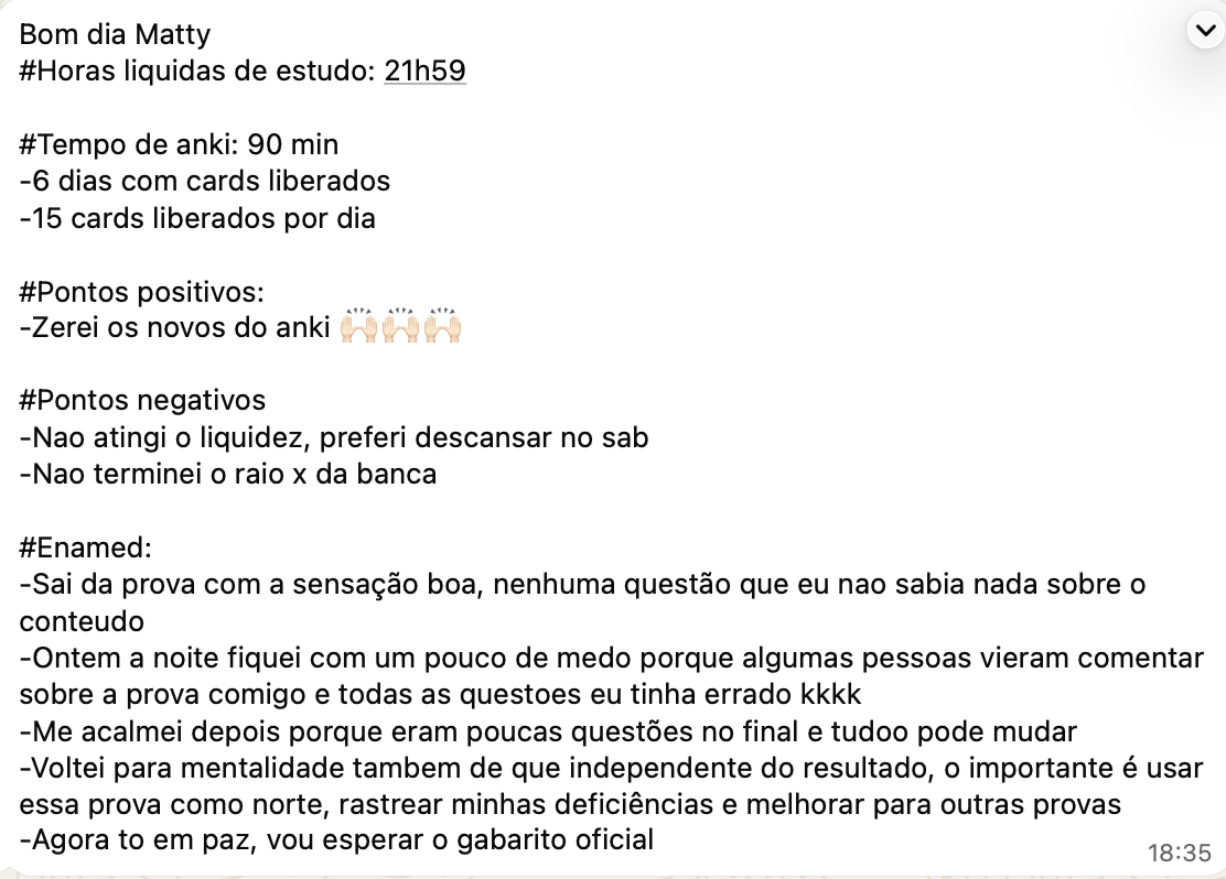 Print da mensagem de feedback semanal da aluna