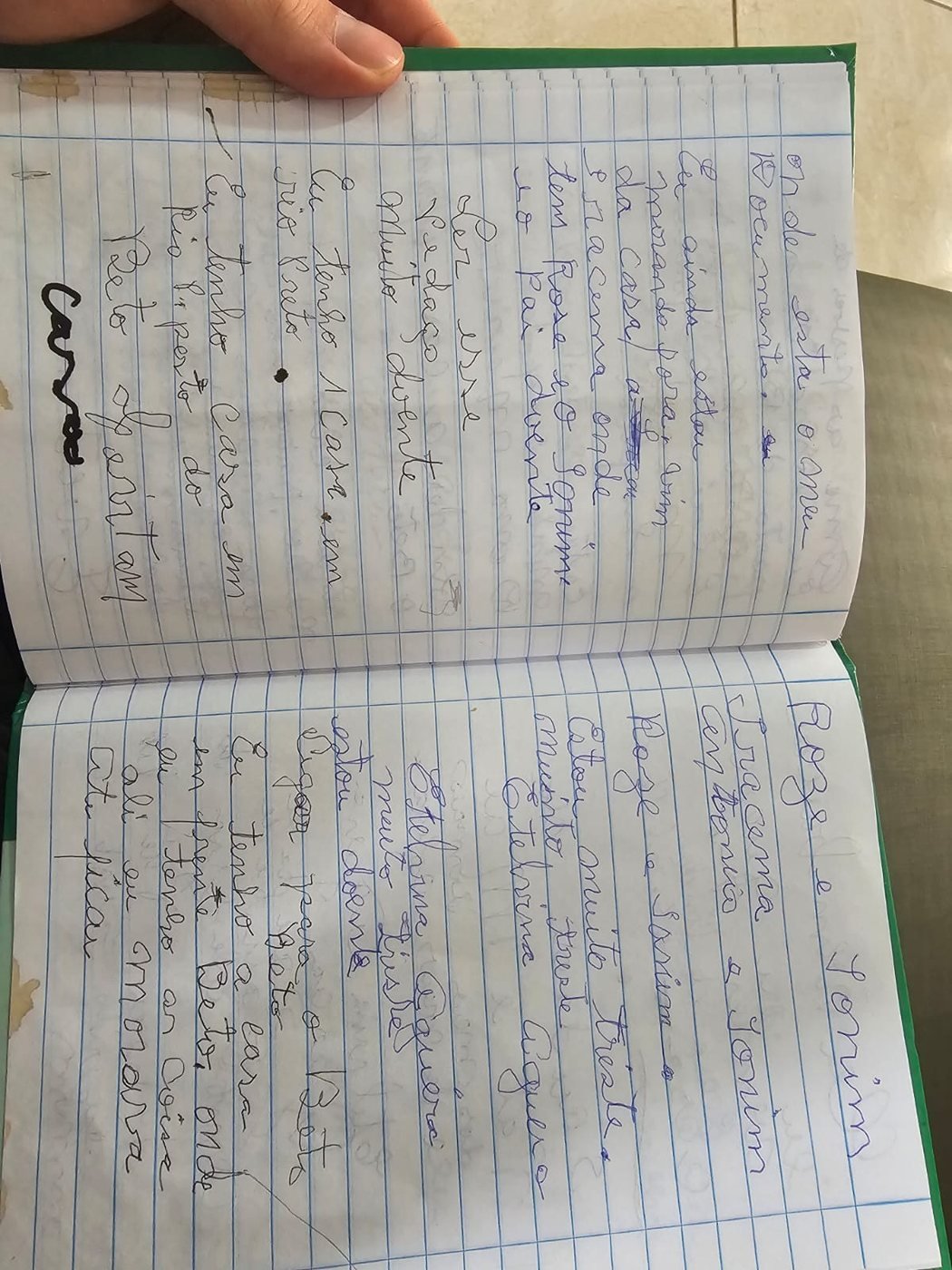 Páginas do caderno verde, escritas à mão